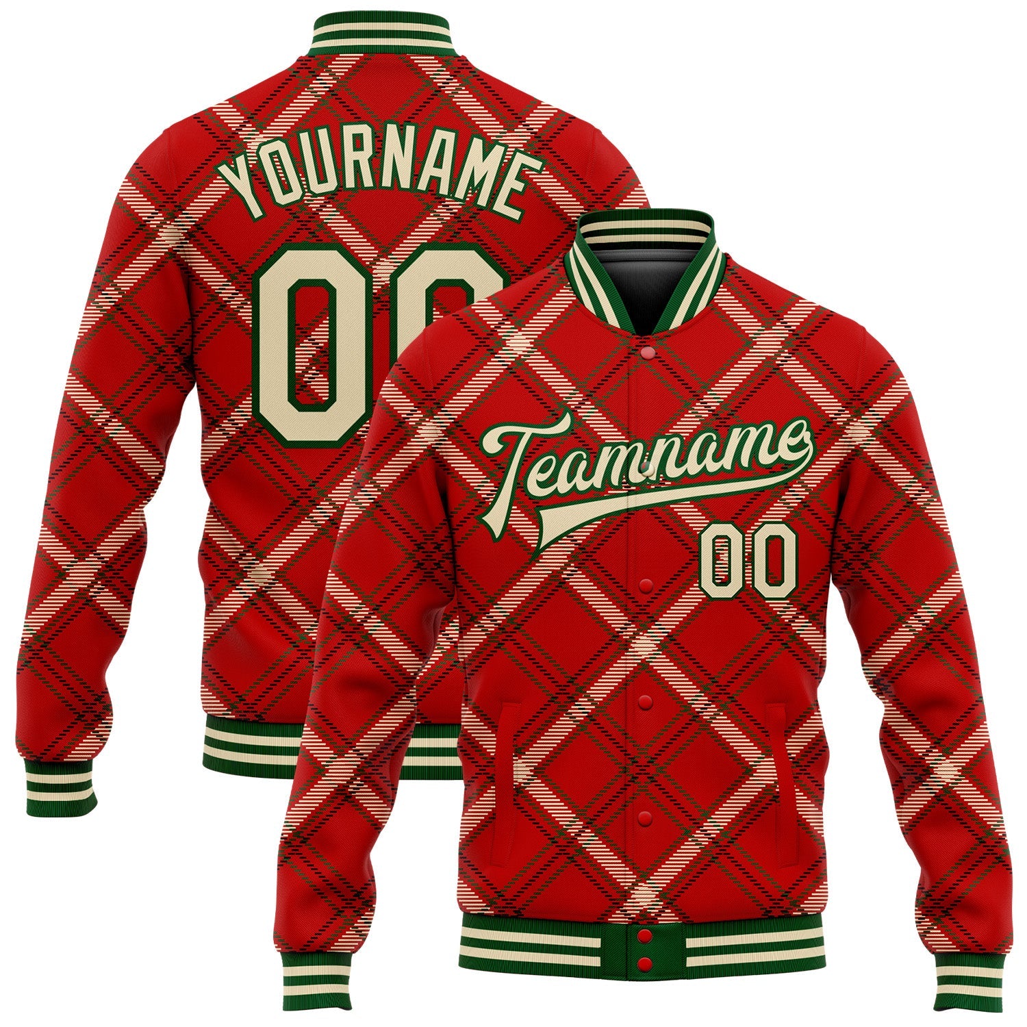 Custom Red Cream-Green Check Board 3D Pattern Design Bomber Full-Snap Varsity Letterman Jacket - Main View