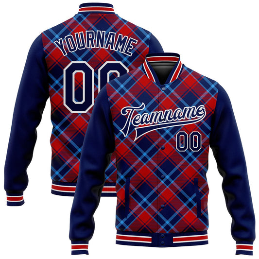 Custom Navy Red-Light Blue Check Board 3D Pattern Design Bomber Full-Snap Varsity Letterman Jacket - Main View