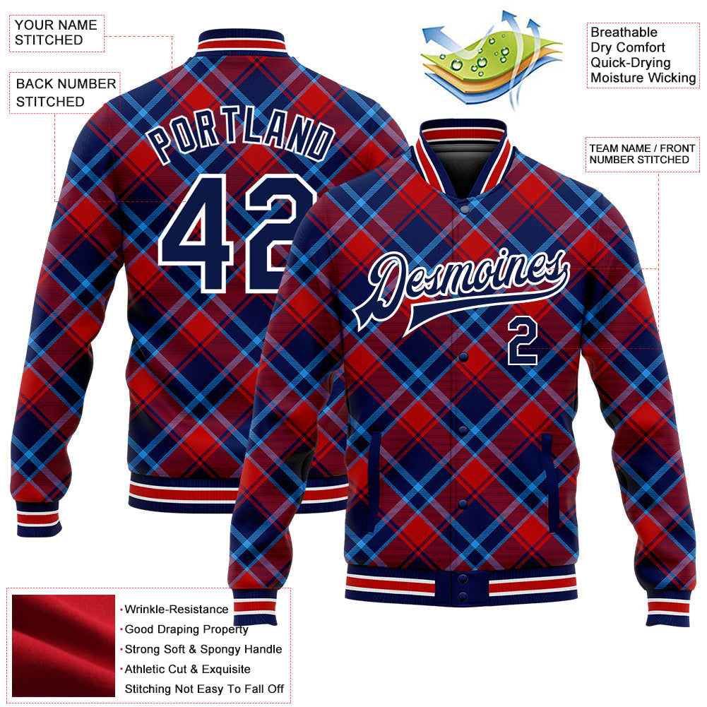 Custom Navy Red-Light Blue Check Board 3D Pattern Design Bomber Full-Snap Varsity Letterman Jacket view 5