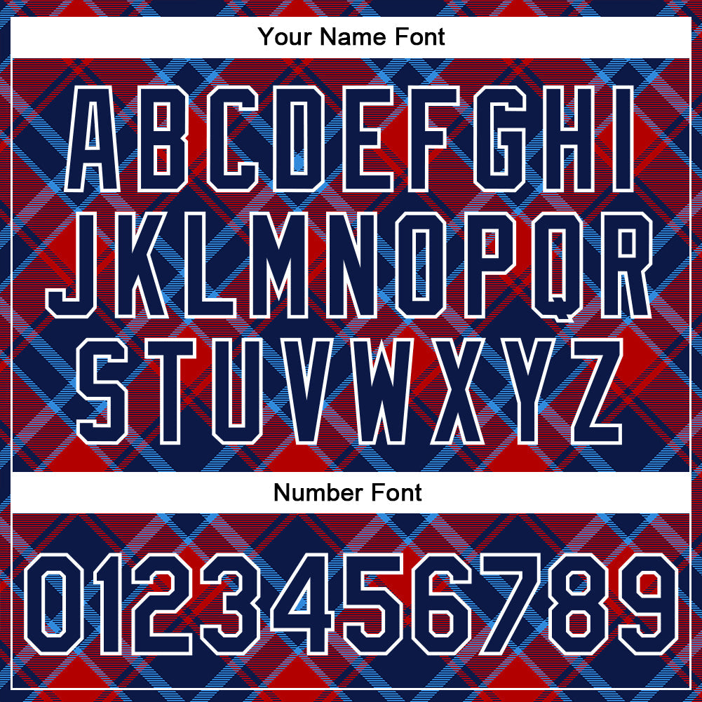 Custom Navy Red-Light Blue Check Board 3D Pattern Design Bomber Full-Snap Varsity Letterman Jacket view 7