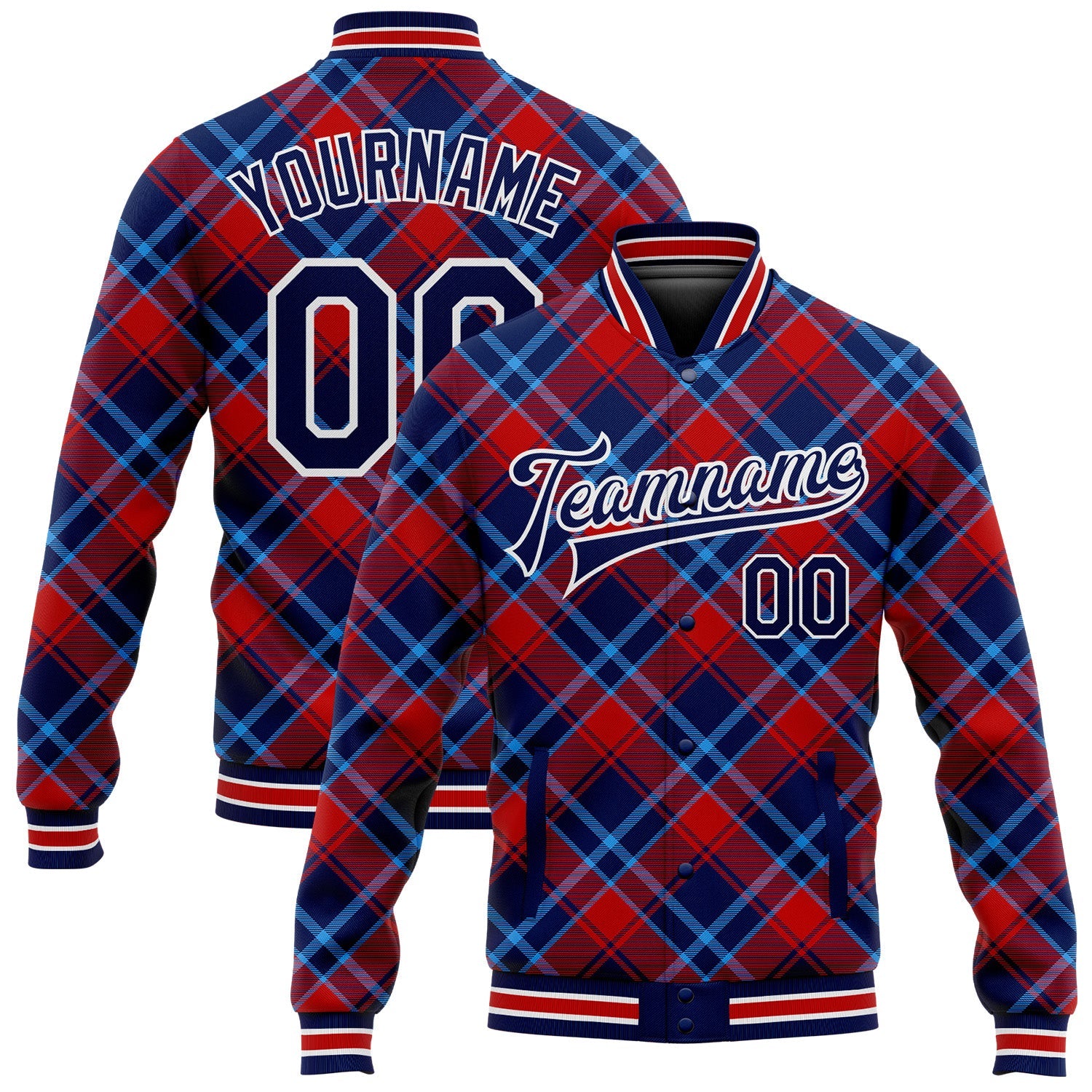 Custom Navy Red-Light Blue Check Board 3D Pattern Design Bomber Full-Snap Varsity Letterman Jacket - Main View