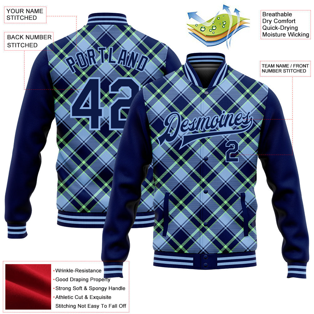 Custom Navy Light Blue-Neon Green Check Board 3D Pattern Design Bomber Full-Snap Varsity Letterman Jacket view 5