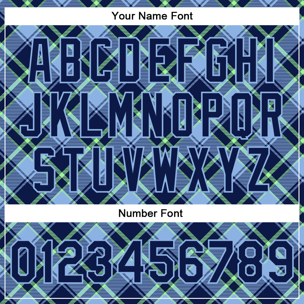 Custom Navy Light Blue-Neon Green Check Board 3D Pattern Design Bomber Full-Snap Varsity Letterman Jacket view 7