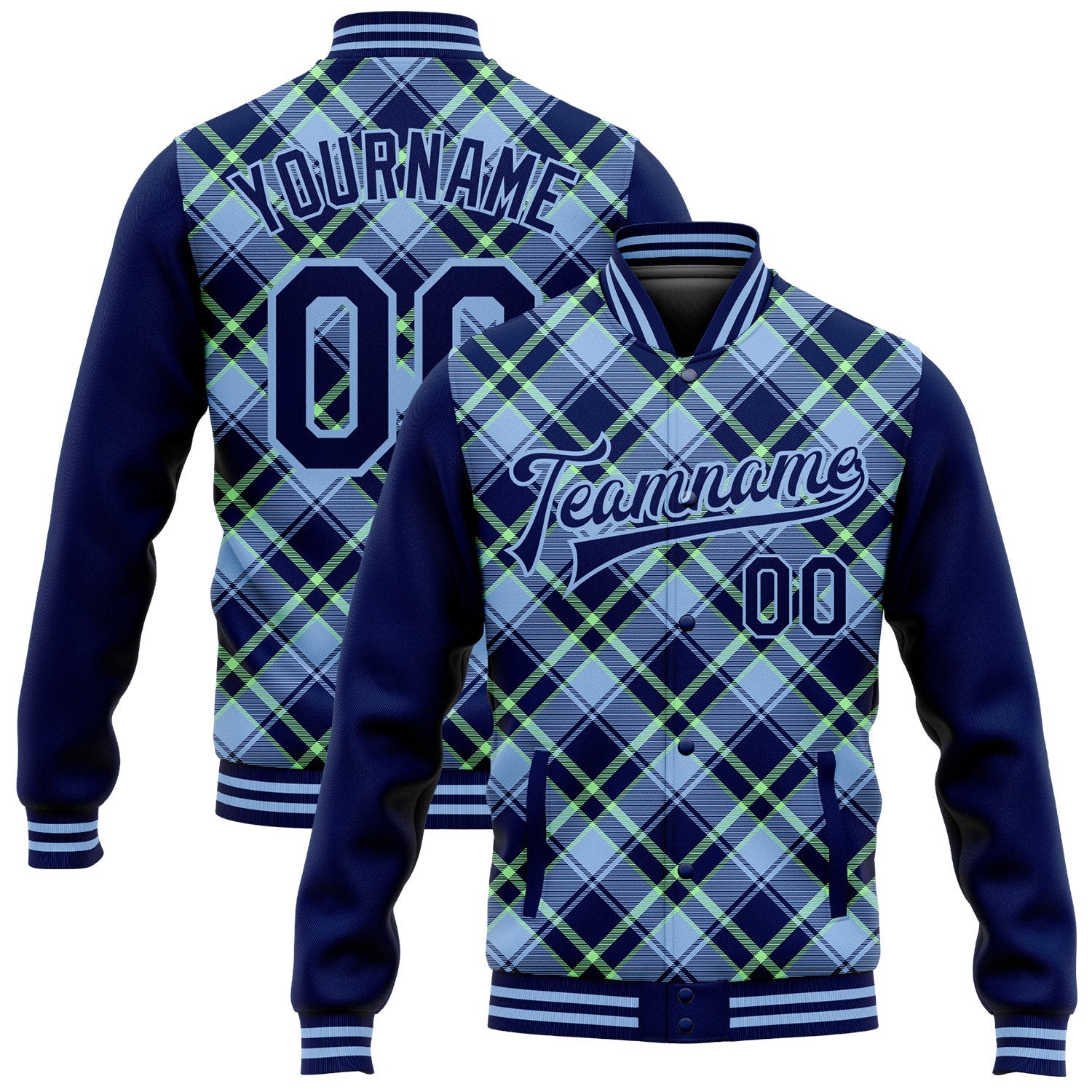 Custom Navy Light Blue-Neon Green Check Board 3D Pattern Design Bomber Full-Snap Varsity Letterman Jacket - Main View