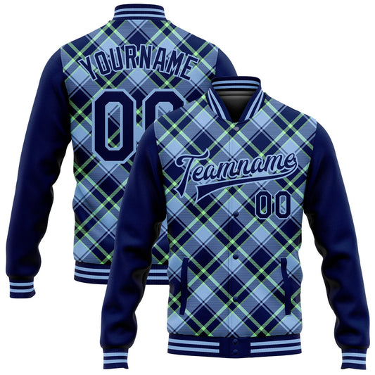 Custom Navy Light Blue-Neon Green Check Board 3D Pattern Design Bomber Full-Snap Varsity Letterman Jacket - Main View