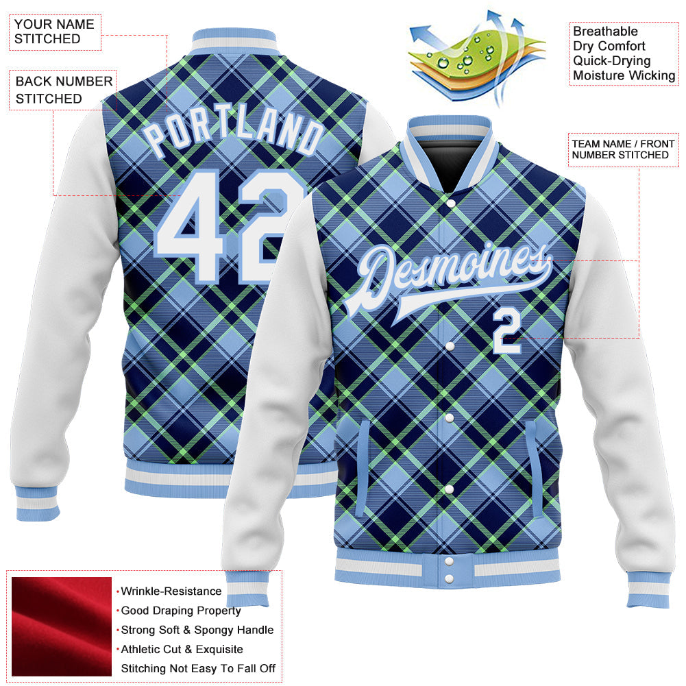 Custom Light Blue Navy-Neon Green Check Board 3D Pattern Design Bomber Full-Snap Varsity Letterman Jacket view 5