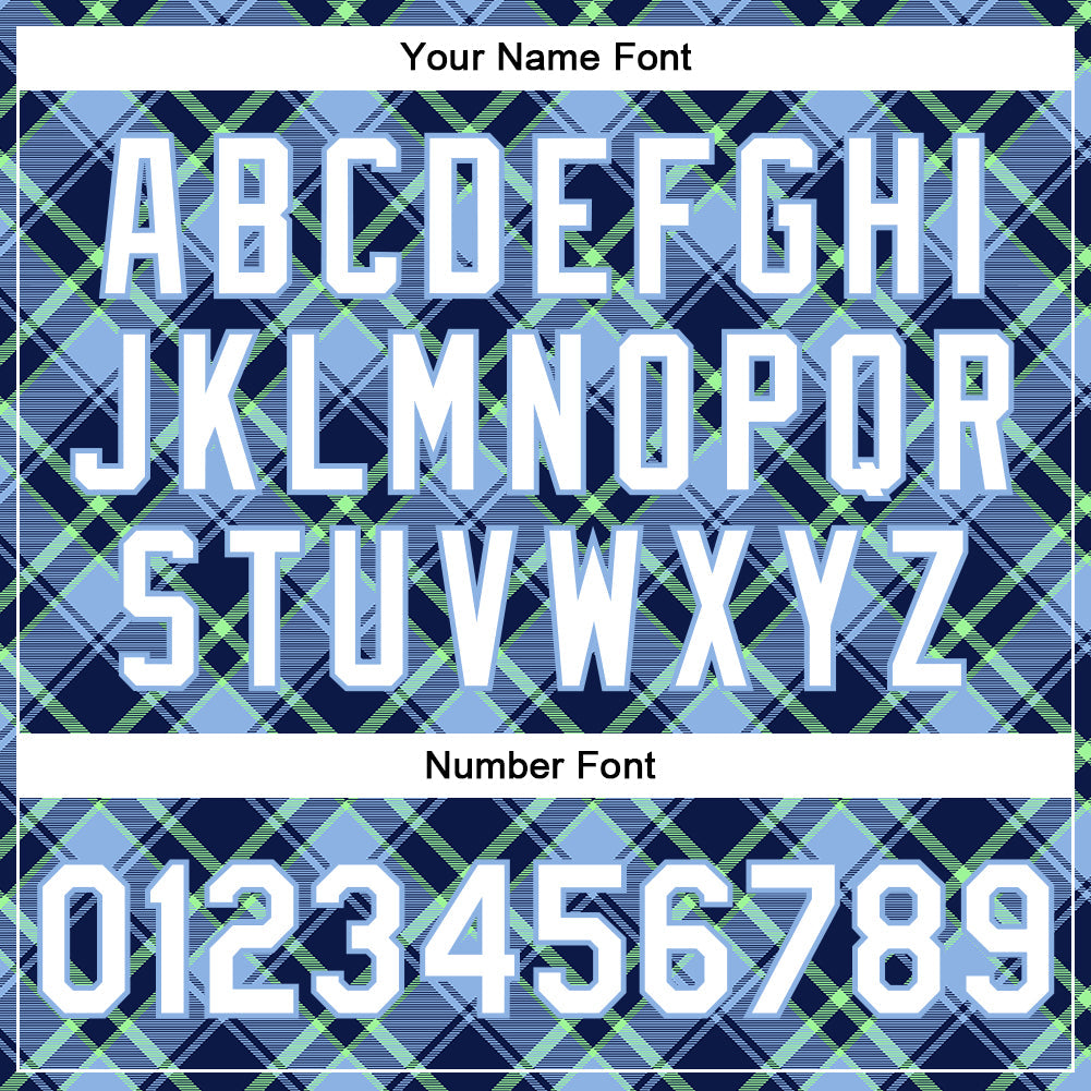 Custom Light Blue Navy-Neon Green Check Board 3D Pattern Design Bomber Full-Snap Varsity Letterman Jacket view 7