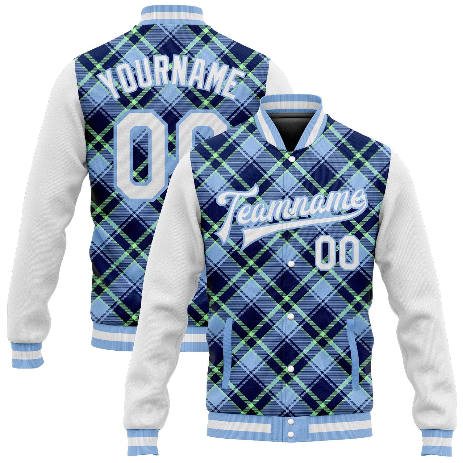 Custom Light Blue Navy-Neon Green Check Board 3D Pattern Design Bomber Full-Snap Varsity Letterman Jacket - Main View