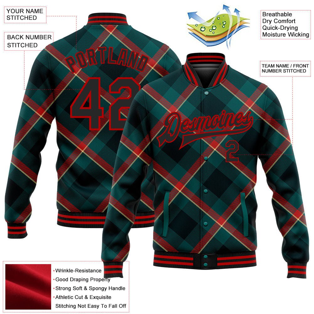Custom Midnight Green Black-Red Check Board 3D Pattern Design Bomber Full-Snap Varsity Letterman Jacket view 5