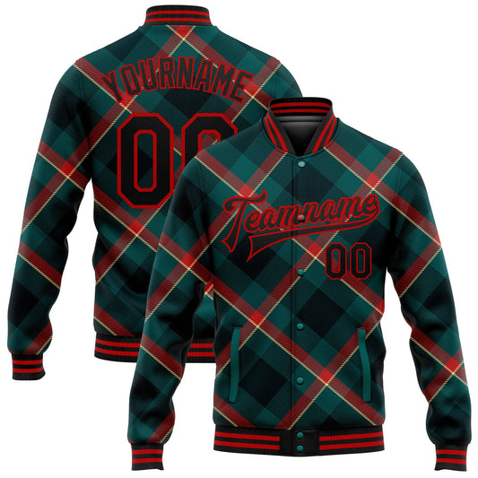 Custom Midnight Green Black-Red Check Board 3D Pattern Design Bomber Full-Snap Varsity Letterman Jacket - Main View