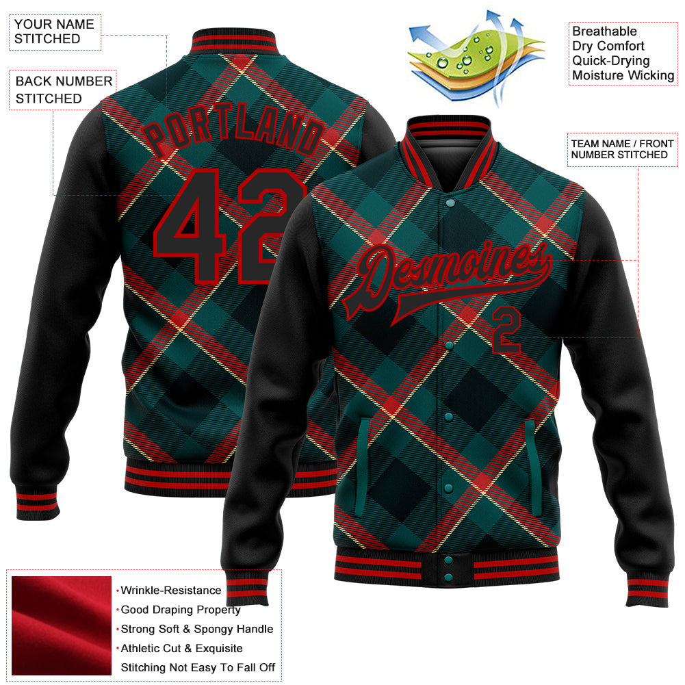 Custom Midnight Green Black-Red Check Board 3D Pattern Design Bomber Full-Snap Varsity Letterman Jacket view 5