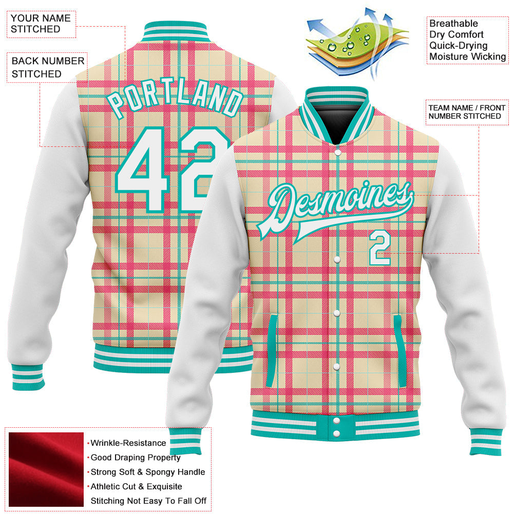 Custom Cream White-Aqua Check Board 3D Pattern Design Bomber Full-Snap Varsity Letterman Jacket view 5
