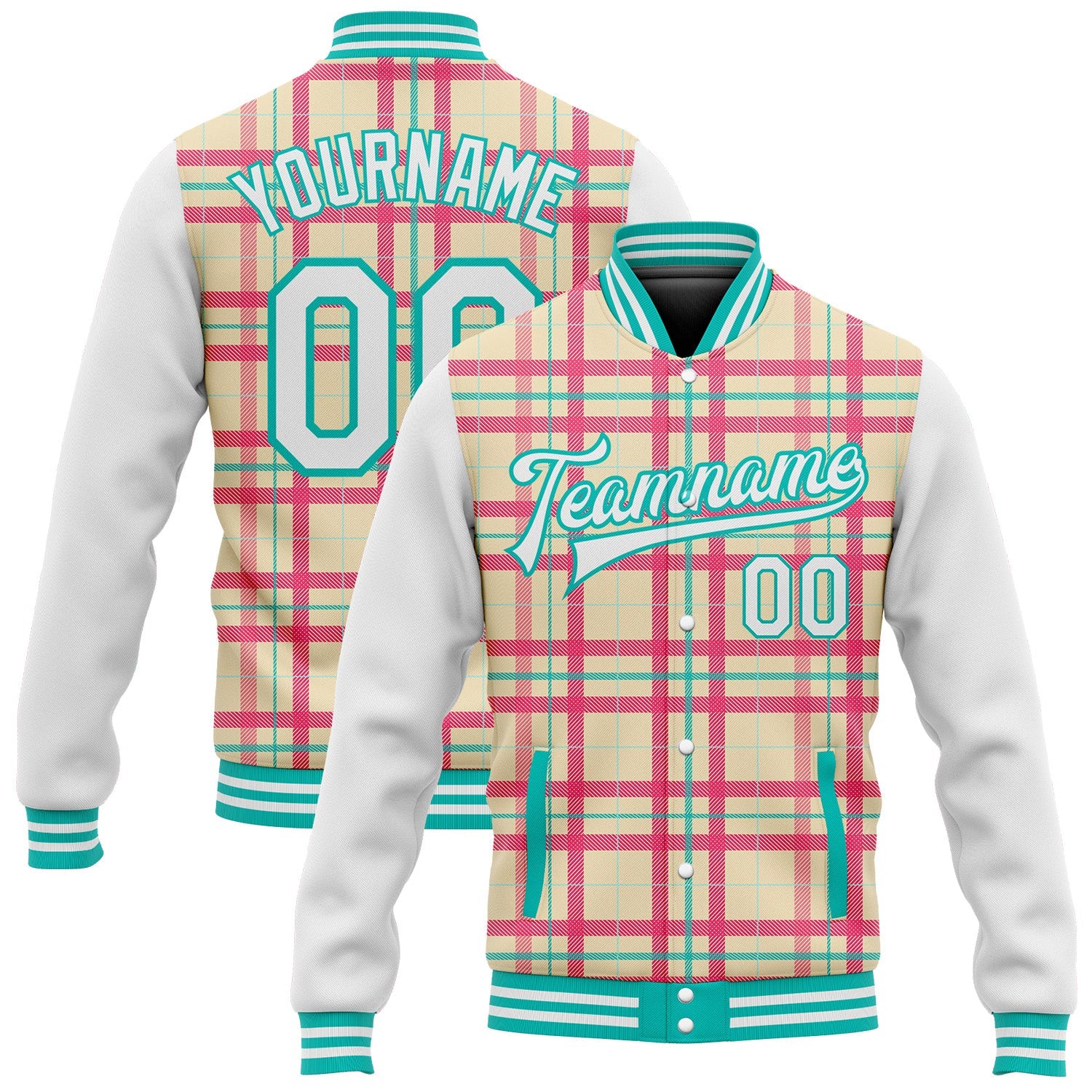 Custom Cream White-Aqua Check Board 3D Pattern Design Bomber Full-Snap Varsity Letterman Jacket - Main View