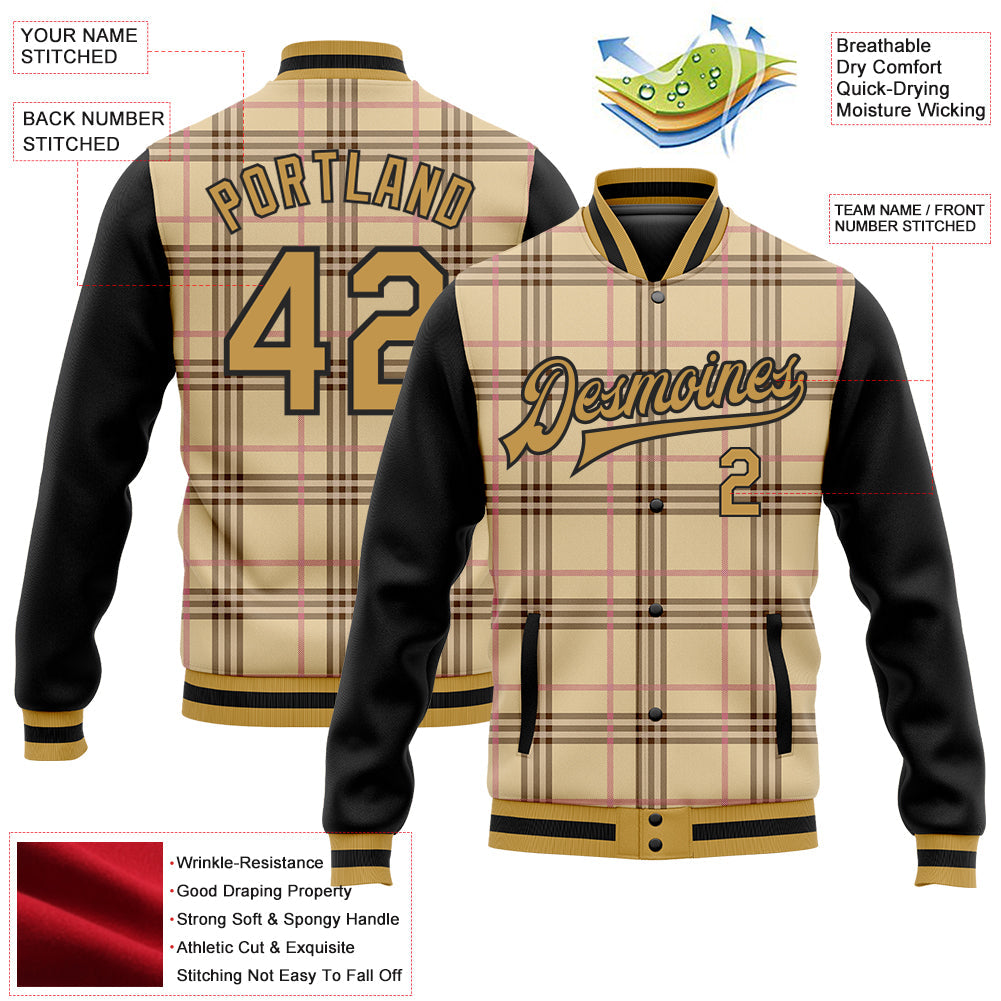 Custom City Cream Old Gold Black-Light Pink Check Board 3D Pattern Design Bomber Full-Snap Varsity Letterman Jacket view 5