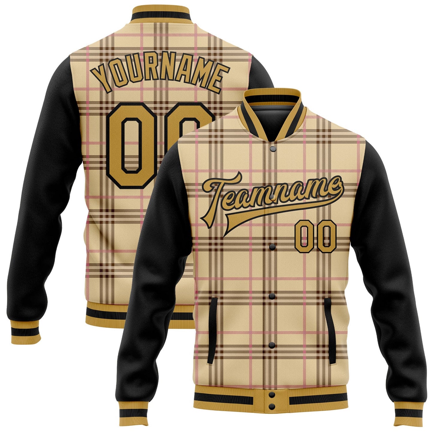 Custom City Cream Old Gold Black-Light Pink Check Board 3D Pattern Design Bomber Full-Snap Varsity Letterman Jacket - Main View