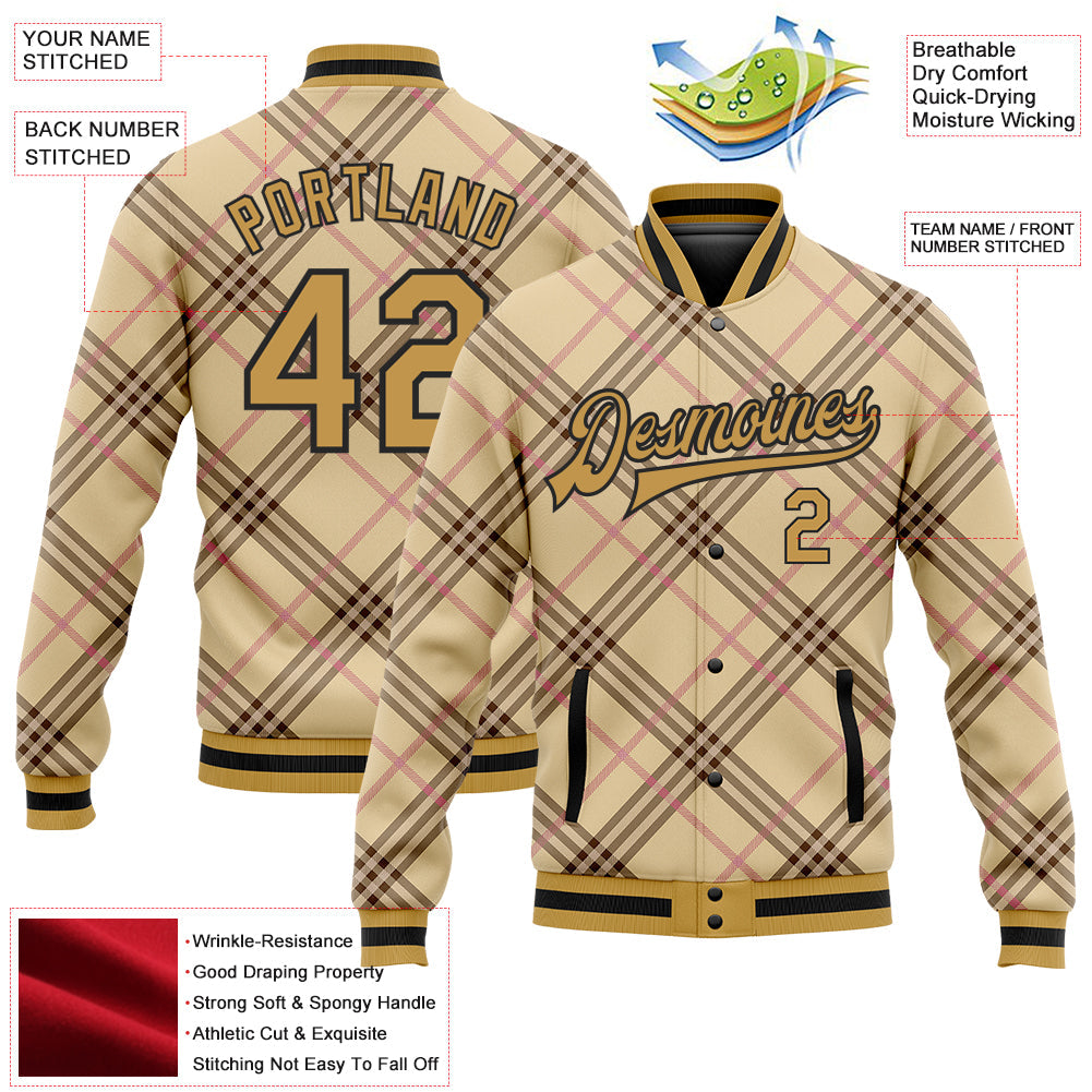 Custom City Cream Old Gold Black-Light Pink Check Board 3D Pattern Design Bomber Full-Snap Varsity Letterman Jacket view 5