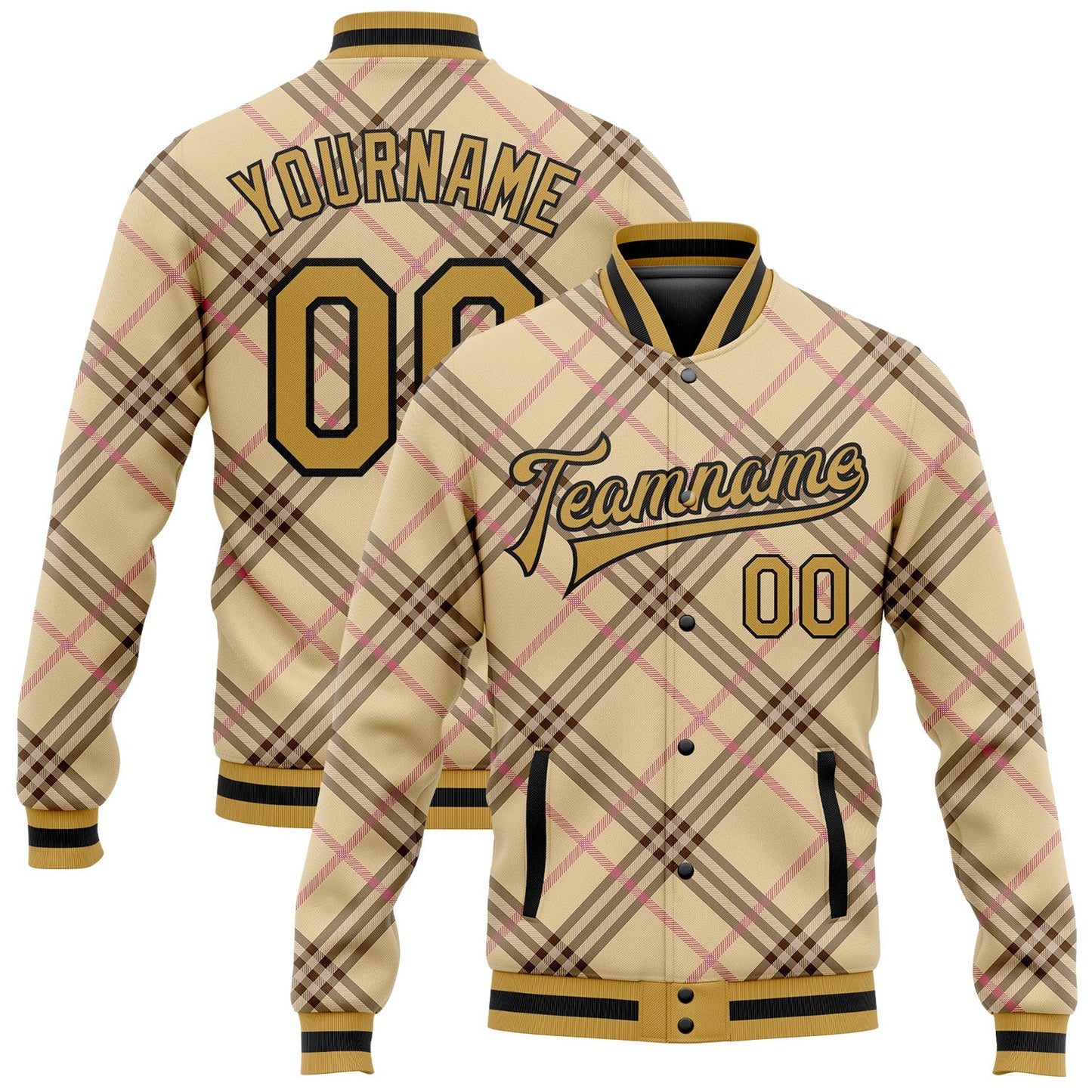 Custom City Cream Old Gold Black-Light Pink Check Board 3D Pattern Design Bomber Full-Snap Varsity Letterman Jacket - Main View