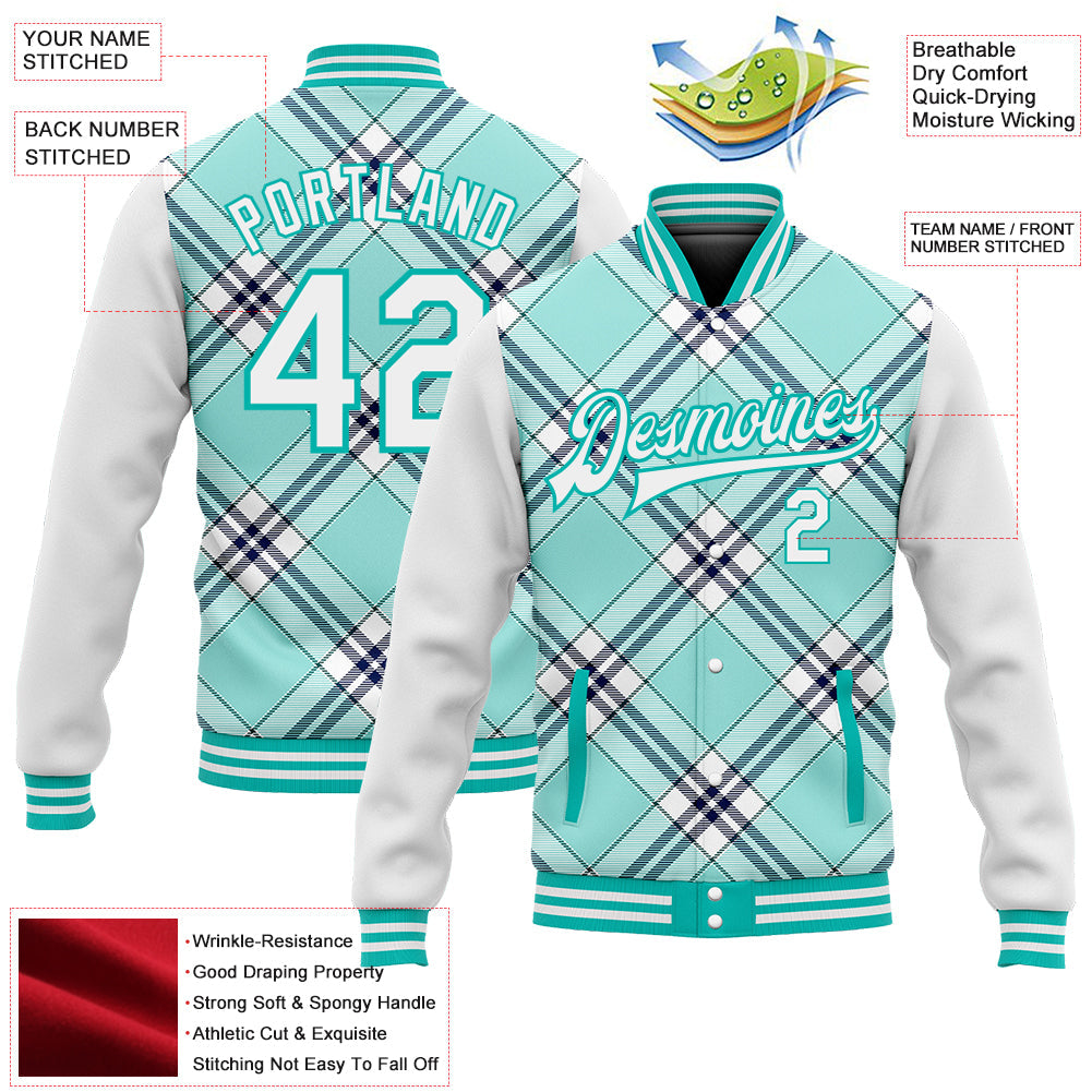 Custom Ice Blue Aqua-Navy Check Board 3D Pattern Design Bomber Full-Snap Varsity Letterman Jacket view 5
