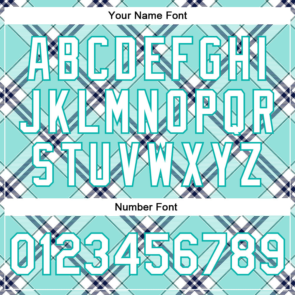 Custom Ice Blue Aqua-Navy Check Board 3D Pattern Design Bomber Full-Snap Varsity Letterman Jacket view 7
