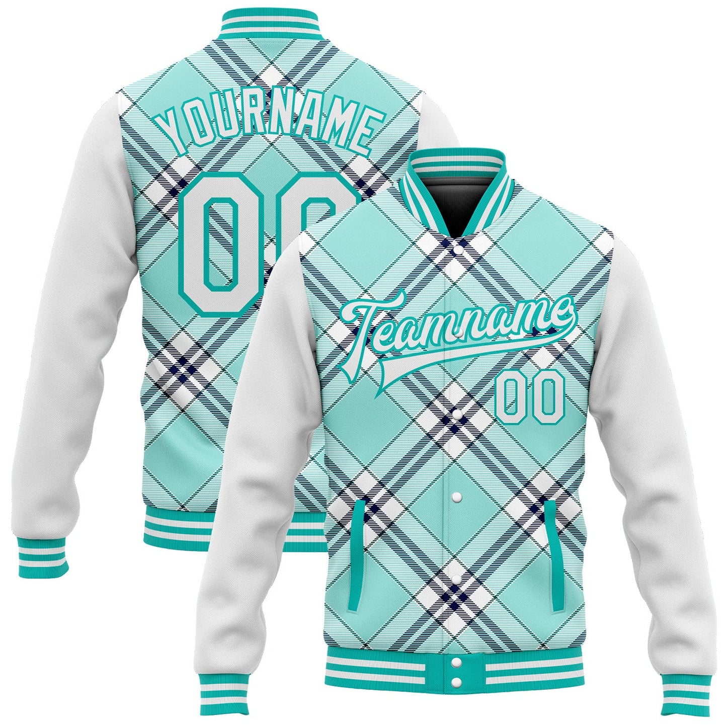 Custom Ice Blue Aqua-Navy Check Board 3D Pattern Design Bomber Full-Snap Varsity Letterman Jacket - Main View