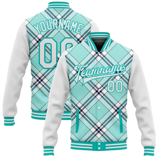 Custom Ice Blue Aqua-Navy Check Board 3D Pattern Design Bomber Full-Snap Varsity Letterman Jacket - Main View