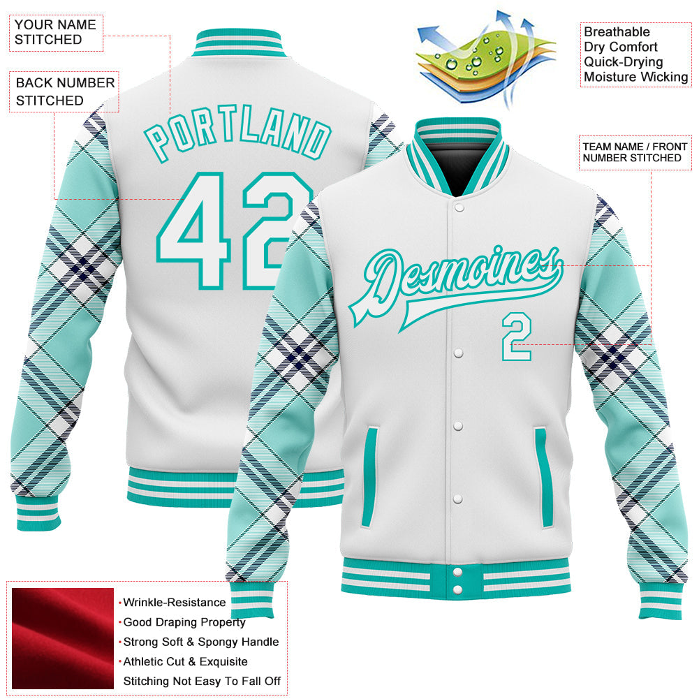 Custom White Ice Blue Aqua-Navy Check Board 3D Pattern Design Bomber Full-Snap Varsity Letterman Jacket view 5