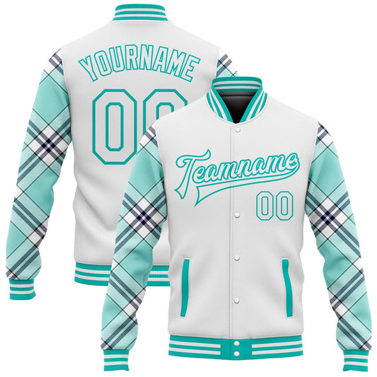 Custom White Ice Blue Aqua-Navy Check Board 3D Pattern Design Bomber Full-Snap Varsity Letterman Jacket - Main View