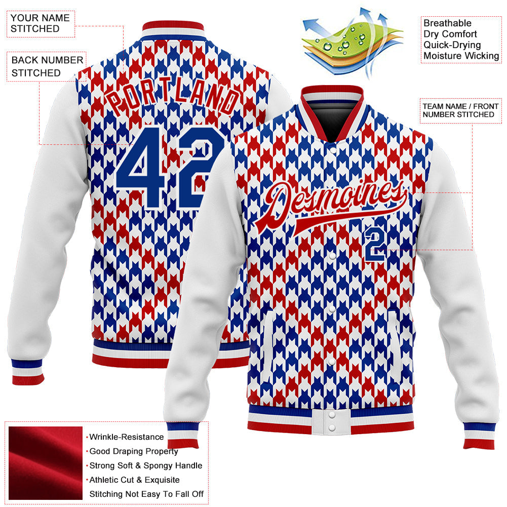 Custom White Royal-Red Check Board 3D Pattern Design Bomber Full-Snap Varsity Letterman Jacket view 5