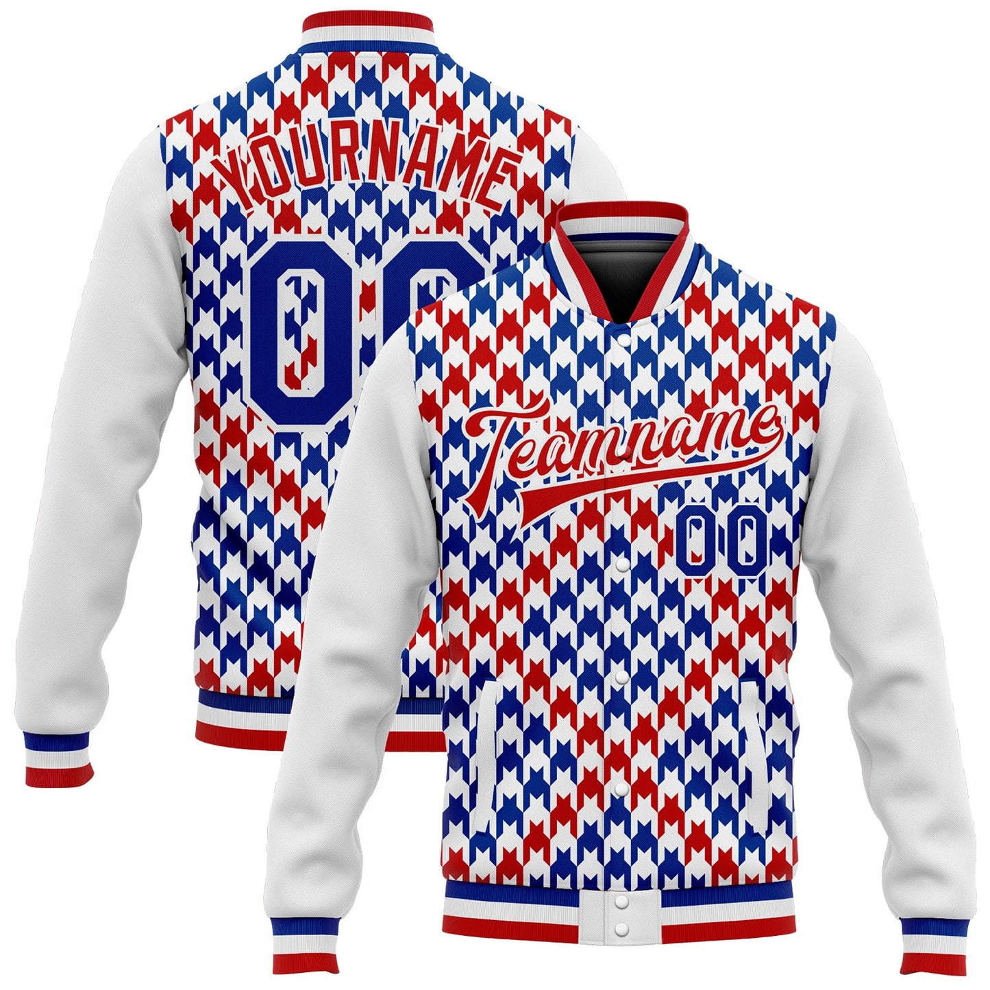 Custom White Royal-Red Check Board 3D Pattern Design Bomber Full-Snap Varsity Letterman Jacket - Main View