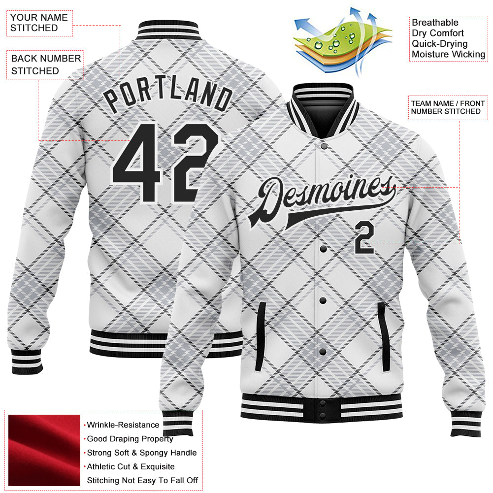 Custom White Black Check Board 3D Pattern Design Bomber Full-Snap Varsity Letterman Jacket view 5