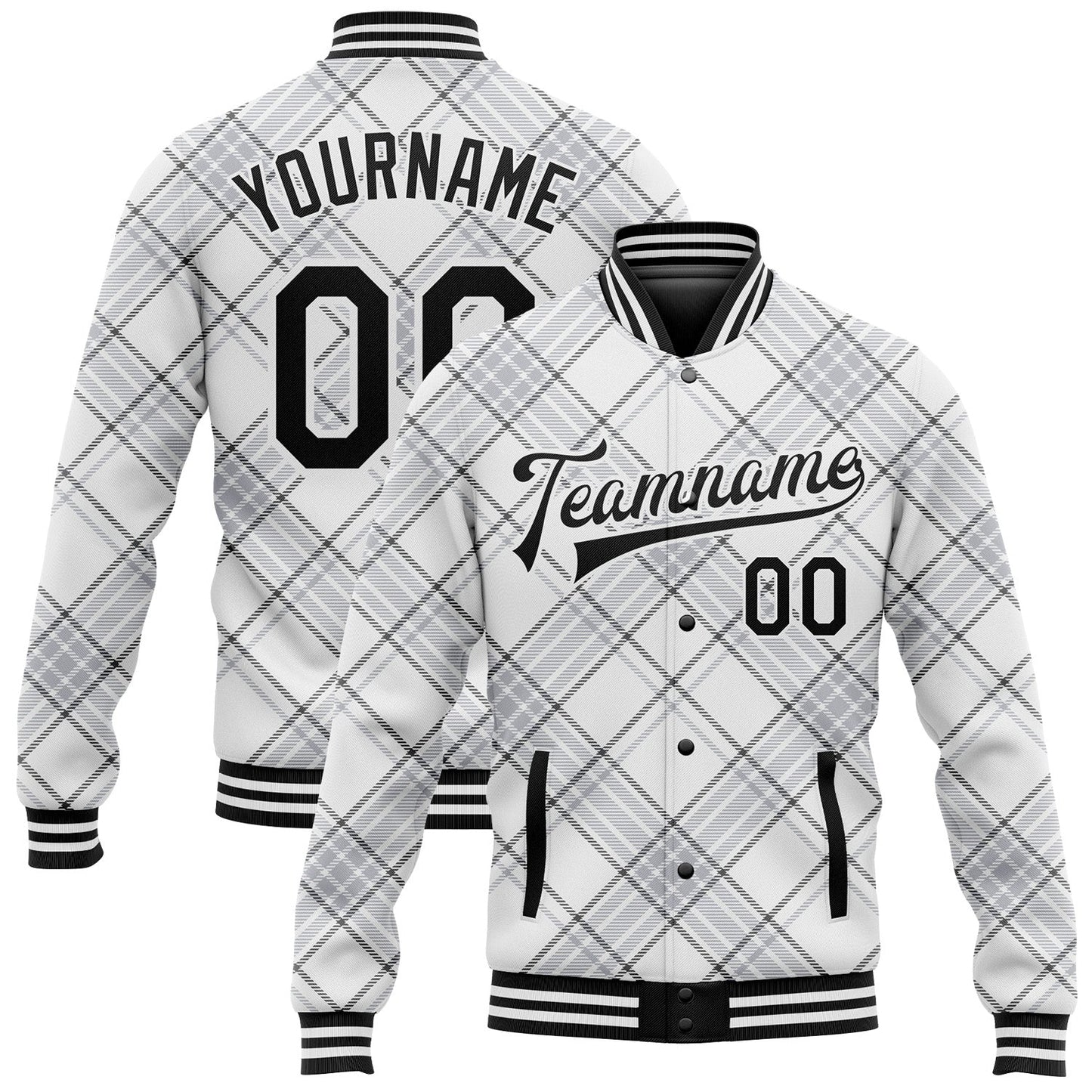 Custom White Black Check Board 3D Pattern Design Bomber Full-Snap Varsity Letterman Jacket - Main View