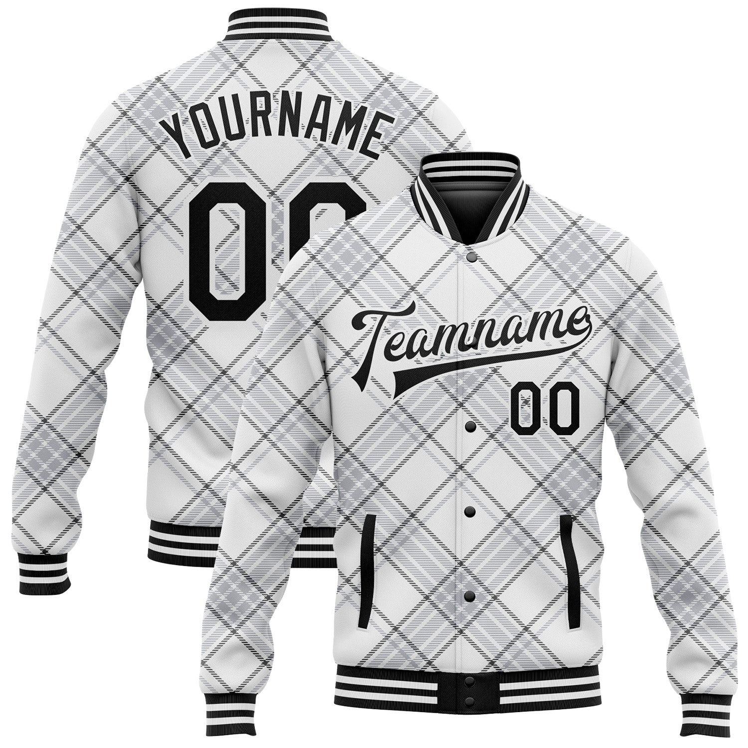 Custom White Black Check Board 3D Pattern Design Bomber Full-Snap Varsity Letterman Jacket - Main View