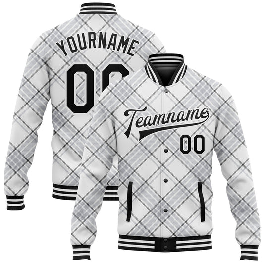 Custom White Black Check Board 3D Pattern Design Bomber Full-Snap Varsity Letterman Jacket - Main View