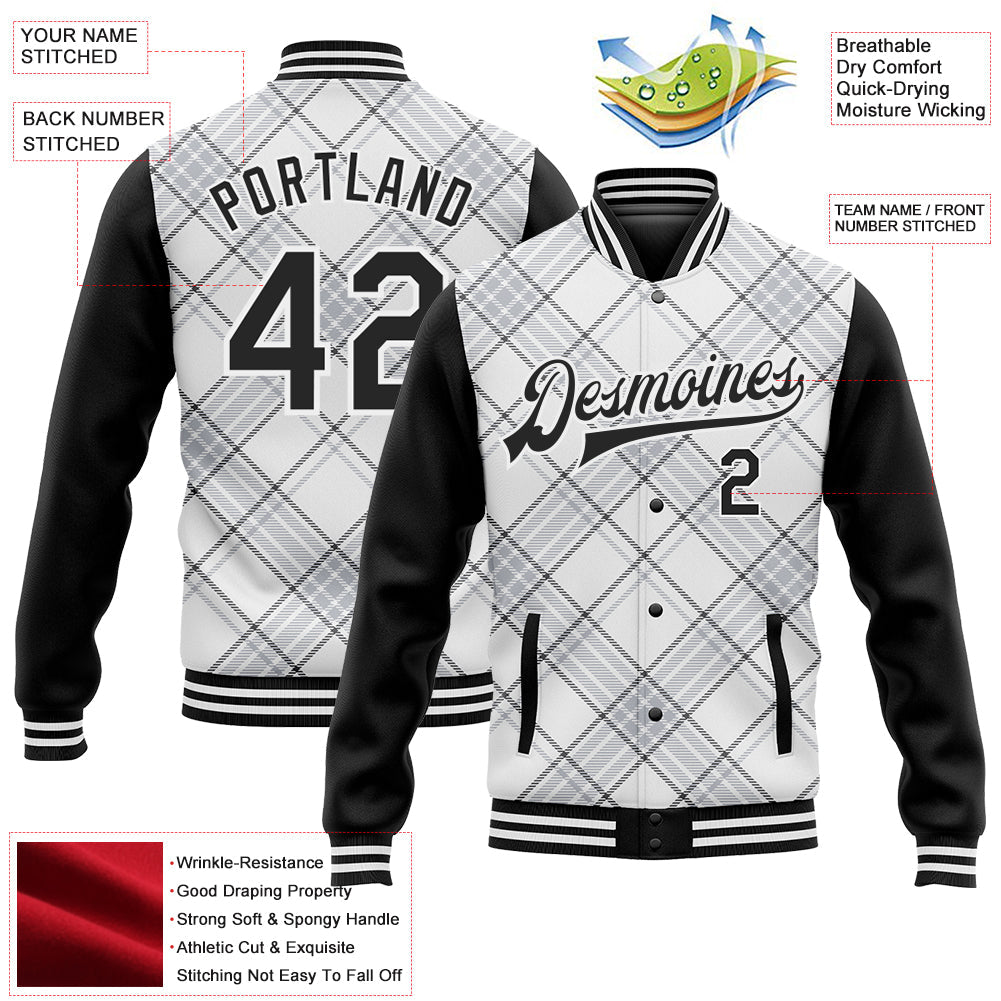 Custom White Black Check Board 3D Pattern Design Bomber Full-Snap Varsity Letterman Jacket view 5