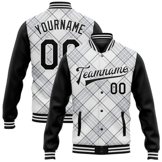 Custom White Black Check Board 3D Pattern Design Bomber Full-Snap Varsity Letterman Jacket - Main View