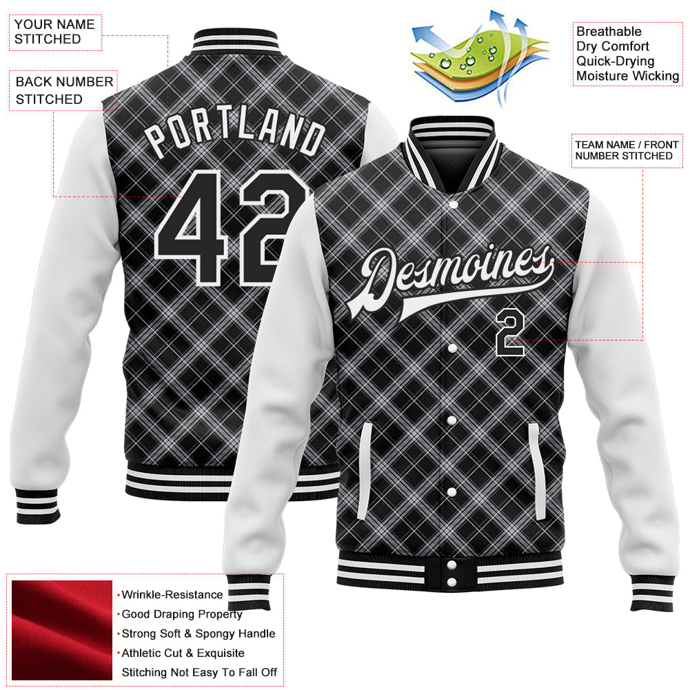 Custom Black White Check Board 3D Pattern Design Bomber Full-Snap Varsity Letterman Jacket view 5