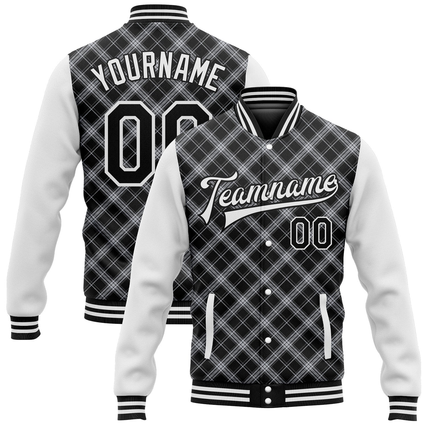 Custom Black White Check Board 3D Pattern Design Bomber Full-Snap Varsity Letterman Jacket - Main View