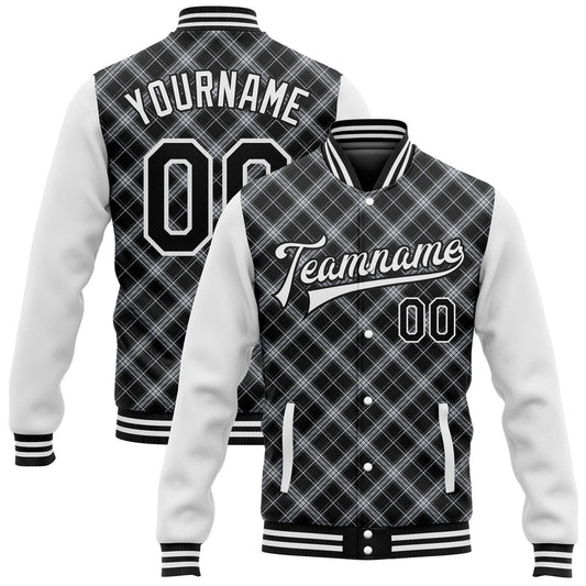 Custom Black White Check Board 3D Pattern Design Bomber Full-Snap Varsity Letterman Jacket - Main View
