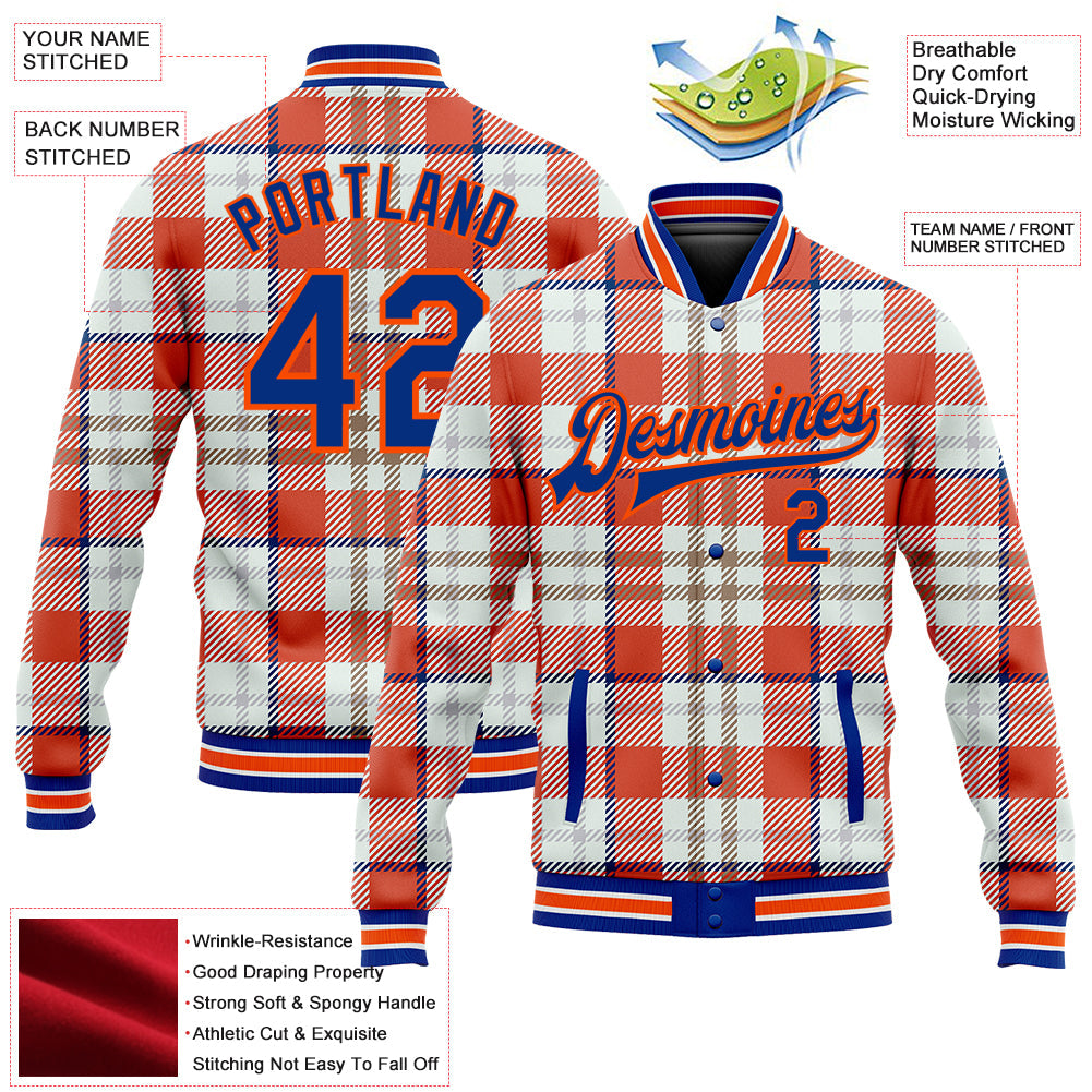Custom Orange Royal-White Check Board 3D Pattern Design Bomber Full-Snap Varsity Letterman Jacket view 5