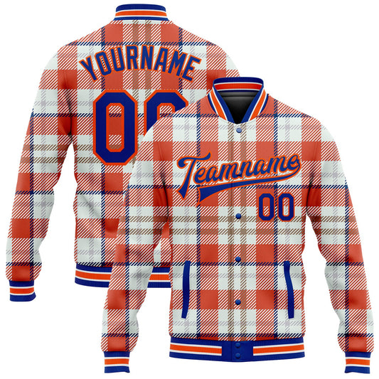 Custom Orange Royal-White Check Board 3D Pattern Design Bomber Full-Snap Varsity Letterman Jacket - Main View