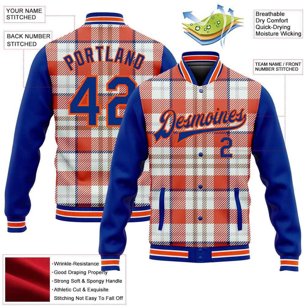 Custom Orange Royal-White Check Board 3D Pattern Design Bomber Full-Snap Varsity Letterman Jacket view 5