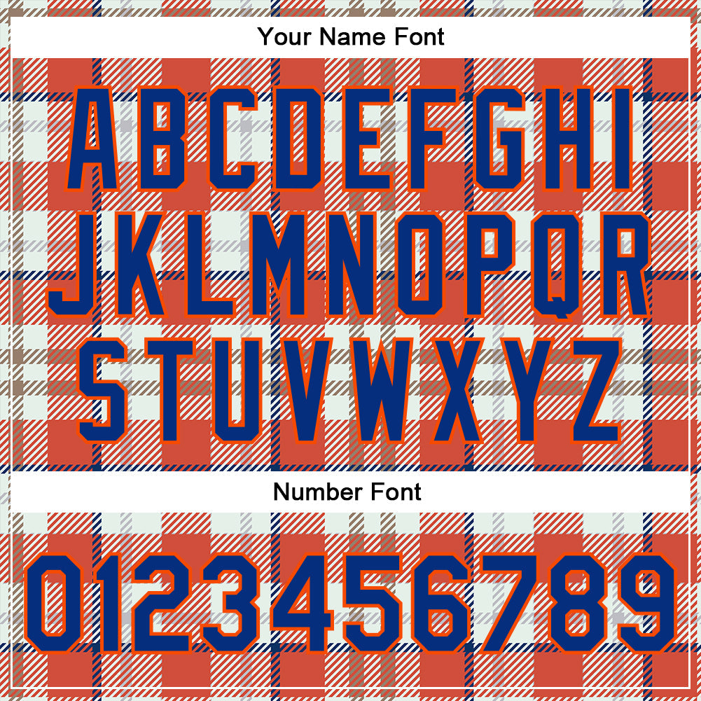 Custom Orange Royal-White Check Board 3D Pattern Design Bomber Full-Snap Varsity Letterman Jacket view 7