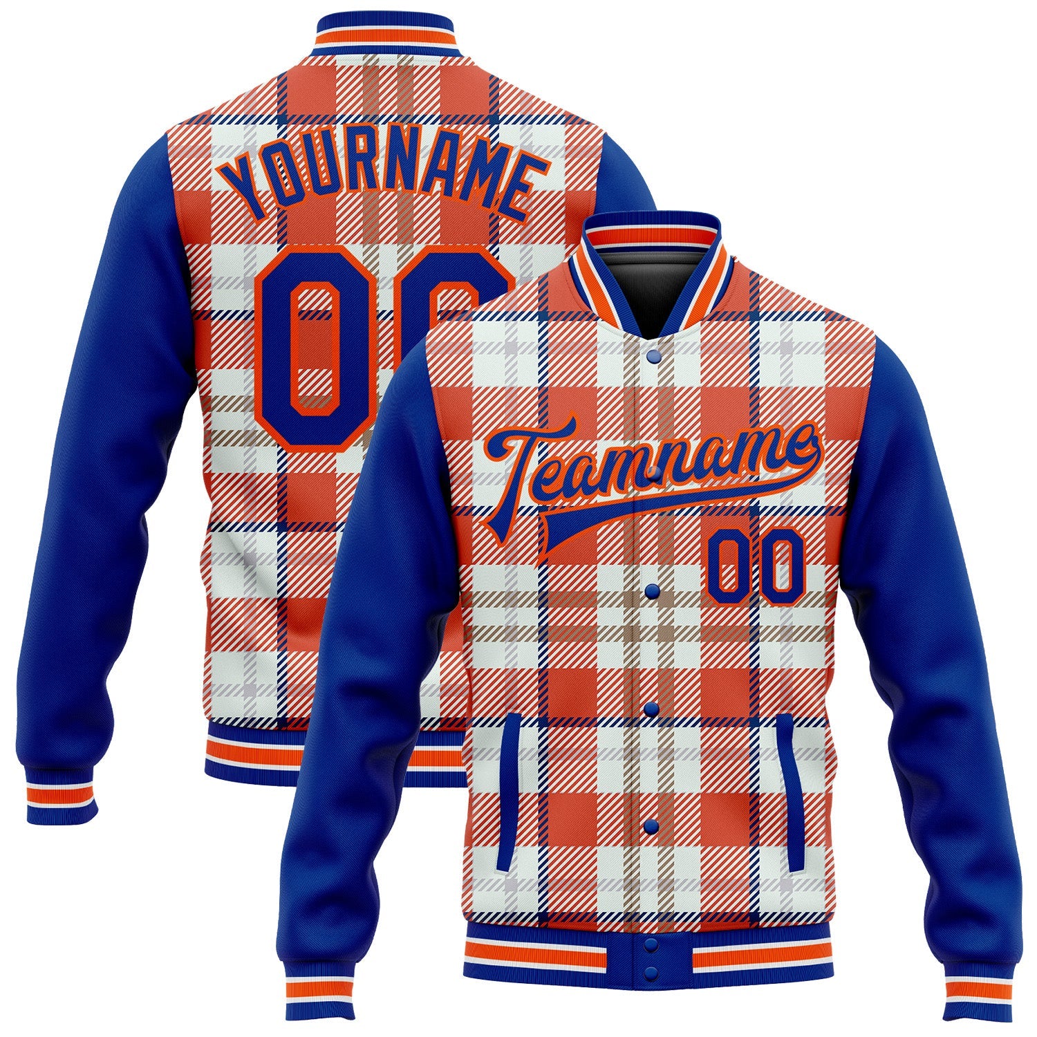 Custom Orange Royal-White Check Board 3D Pattern Design Bomber Full-Snap Varsity Letterman Jacket - Main View