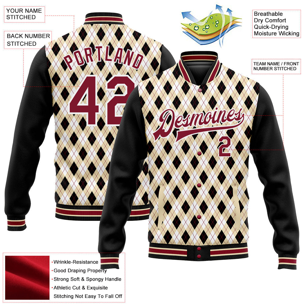 Custom City Cream Crimson-Black Check Board 3D Pattern Design Bomber Full-Snap Varsity Letterman Jacket view 5
