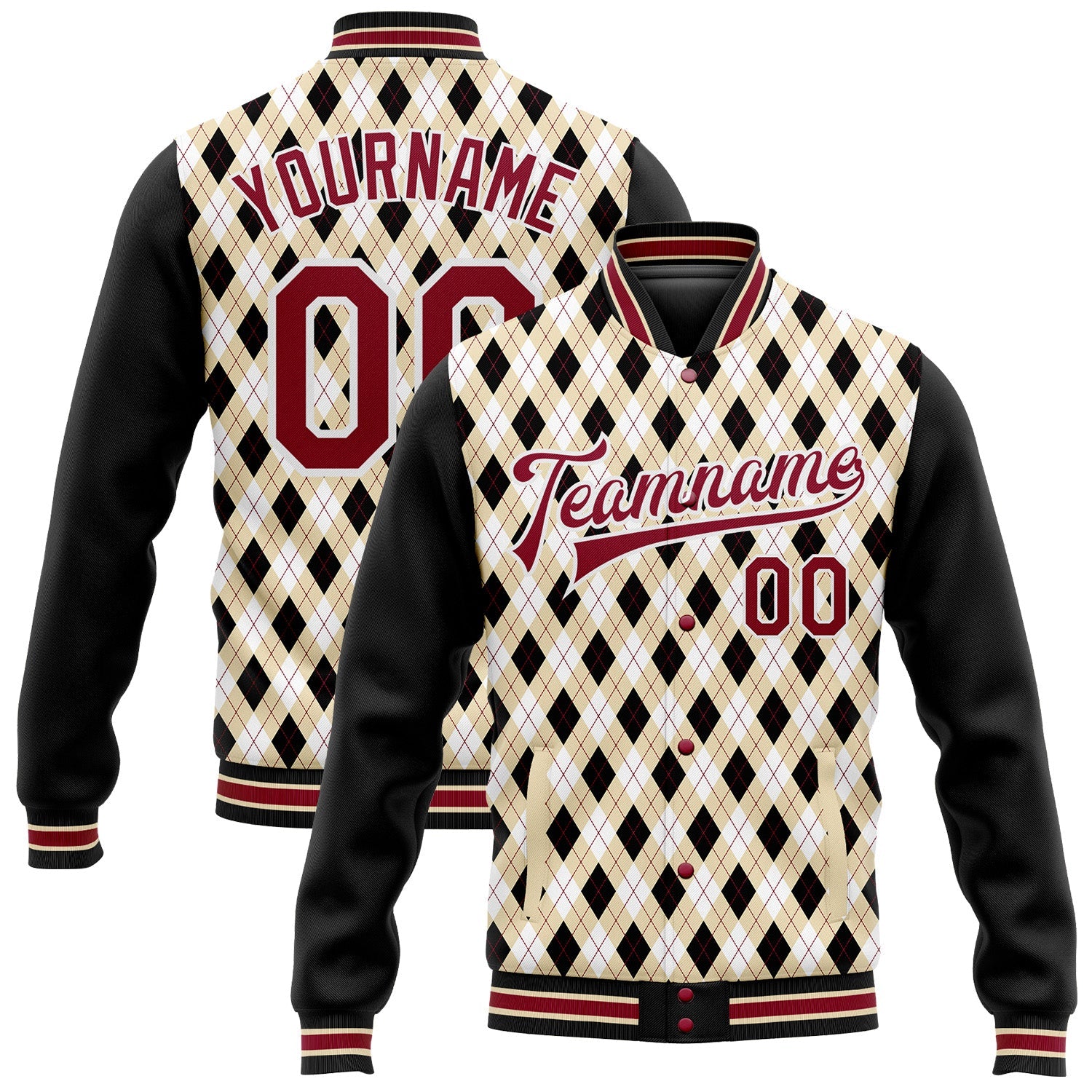 Custom City Cream Crimson-Black Check Board 3D Pattern Design Bomber Full-Snap Varsity Letterman Jacket - Main View