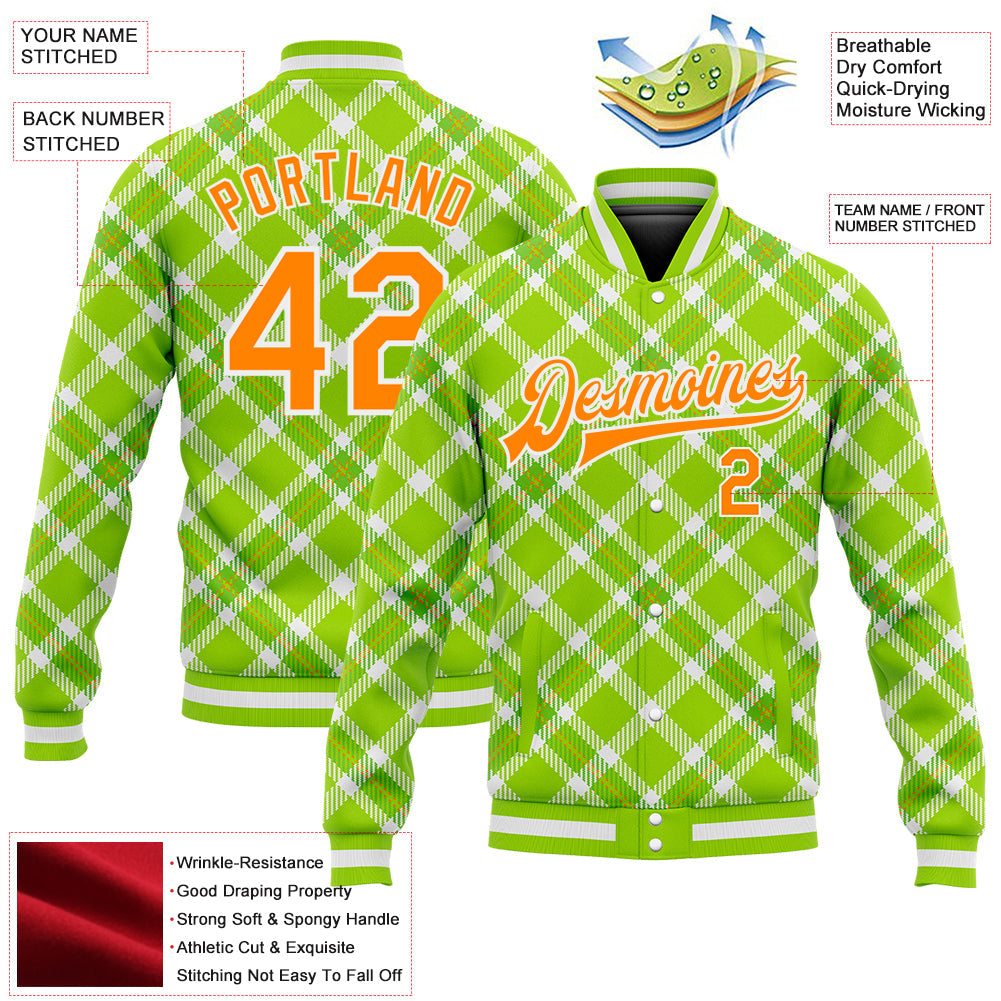 Custom Neon Green Bay Orange-White Check Board 3D Pattern Design Bomber Full-Snap Varsity Letterman Jacket view 5