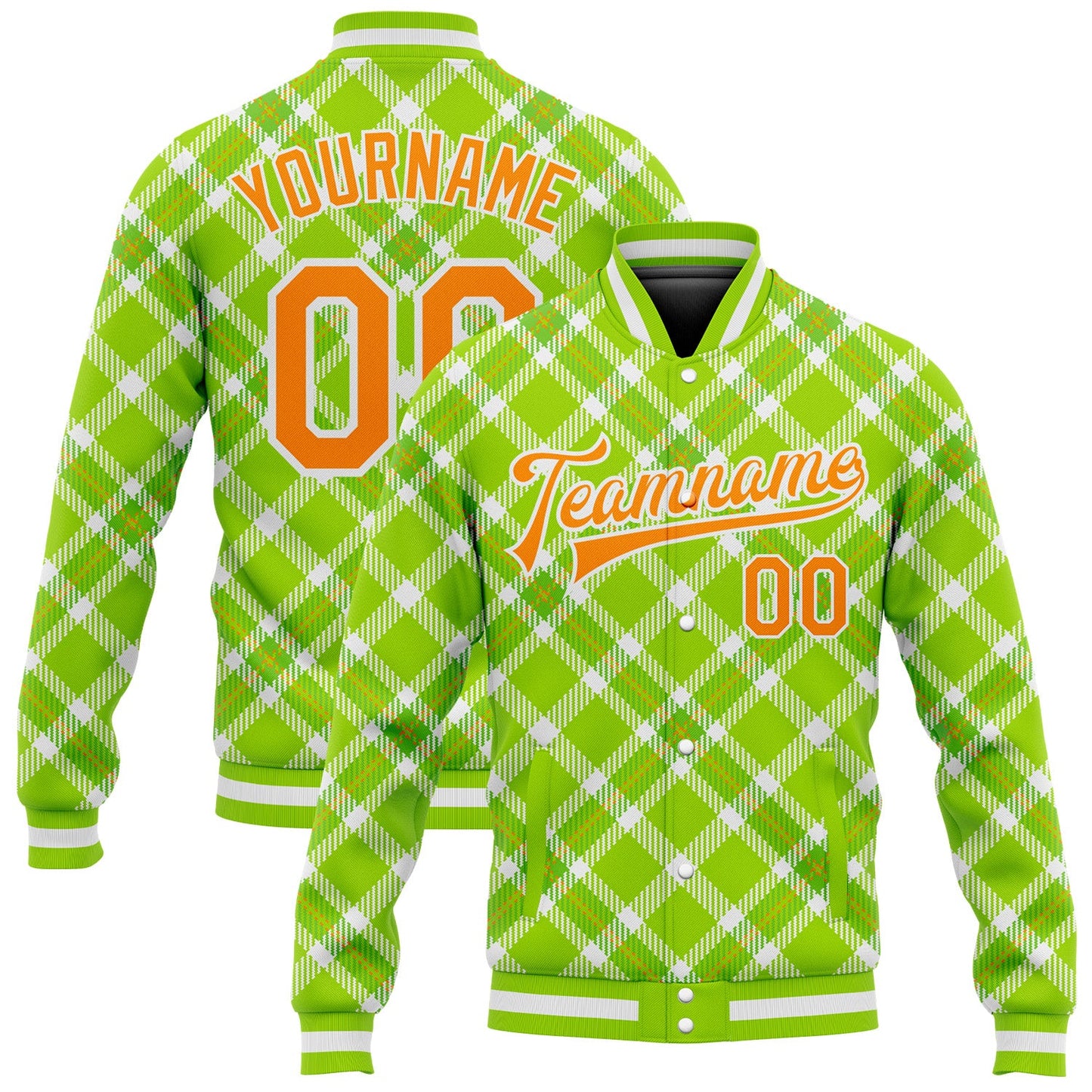 Custom Neon Green Bay Orange-White Check Board 3D Pattern Design Bomber Full-Snap Varsity Letterman Jacket - Main View