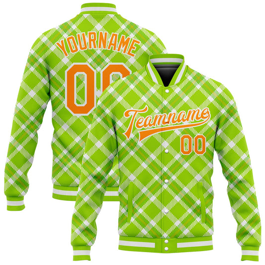 Custom Neon Green Bay Orange-White Check Board 3D Pattern Design Bomber Full-Snap Varsity Letterman Jacket - Main View