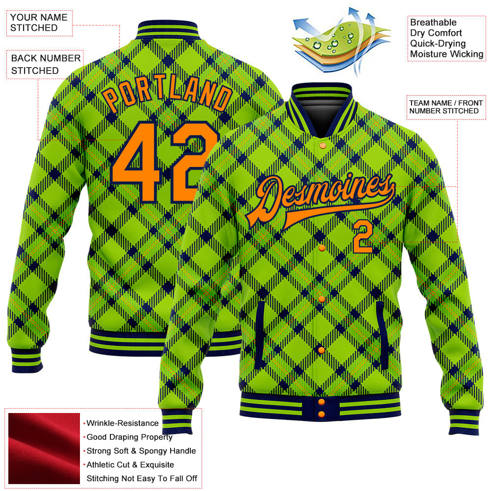 Custom Neon Green Bay Orange-Navy Check Board 3D Pattern Design Bomber Full-Snap Varsity Letterman Jacket view 5