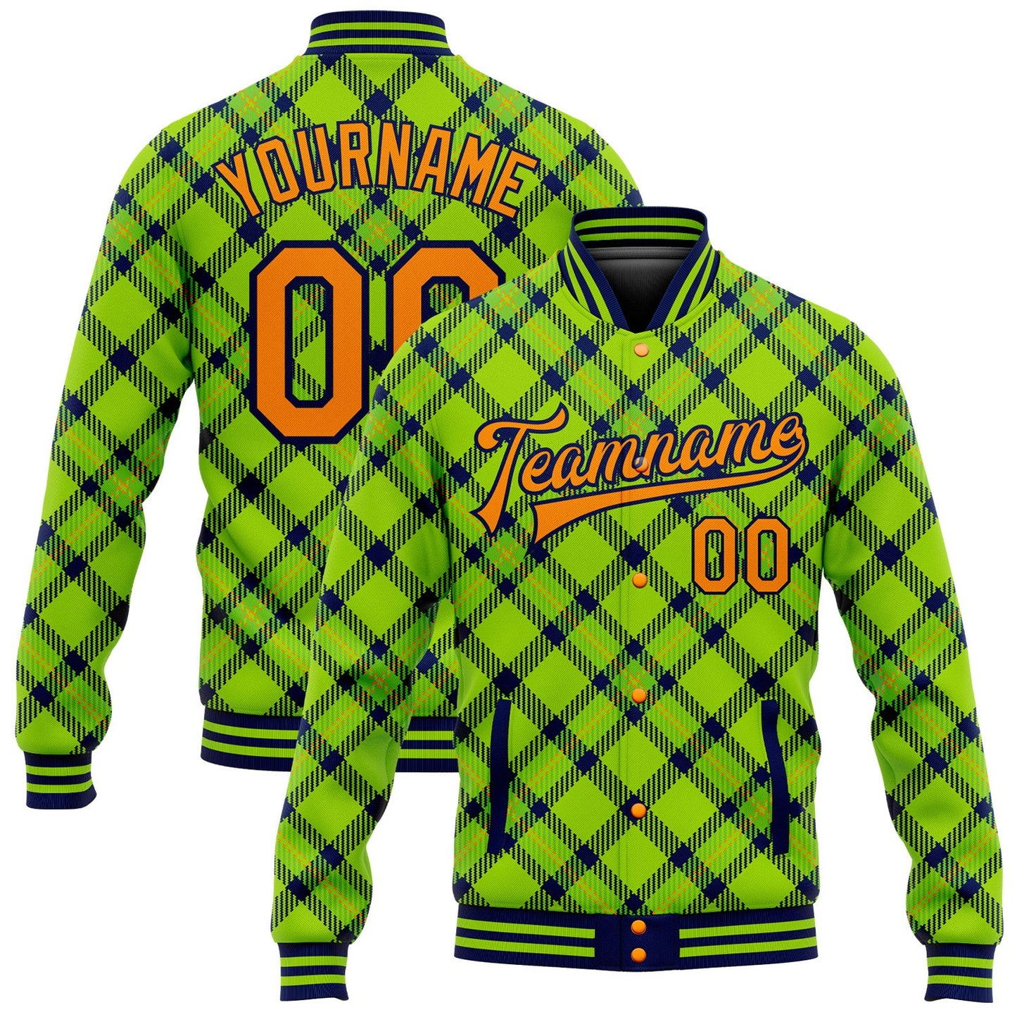 Custom Neon Green Bay Orange-Navy Check Board 3D Pattern Design Bomber Full-Snap Varsity Letterman Jacket - Main View